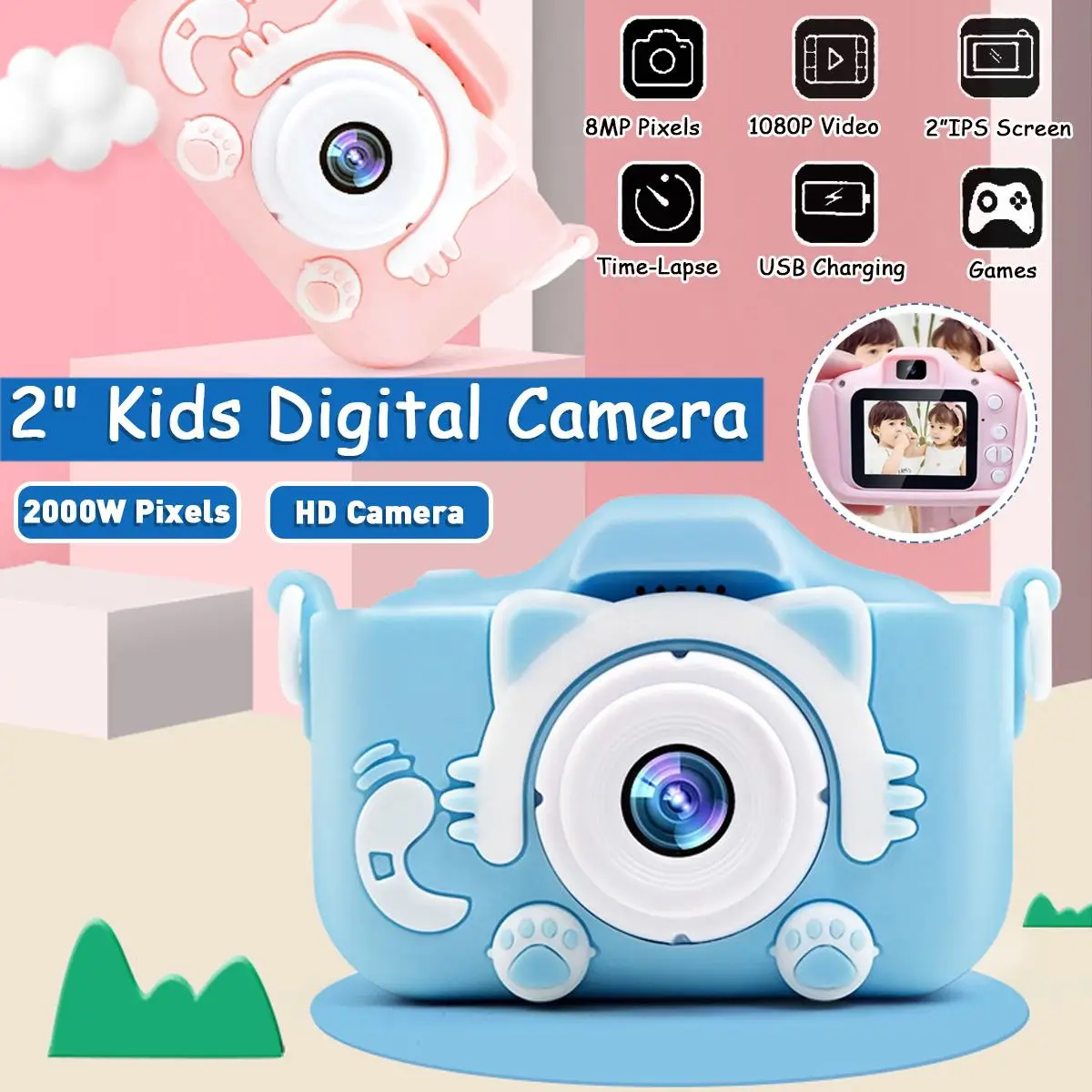 

Mini Camera Kids Toys 2 Inch HD Screen Digital Cameras Video Recorder Timed Shooting Sports Camera Dual Cams Kids Toy Camera 32G