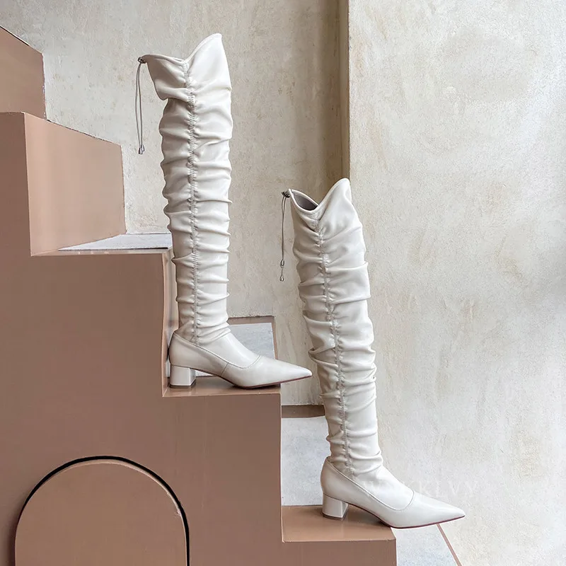 

Pointed toe Pleated over Knee high boots Women chunky mid heels Sexy elastic slim long booties Thigh high boots Runway shoes