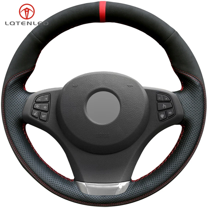 

LQTENLEO Black Genuine Leather Black Suede DIY Hand-stitched Car Steering Wheel Cover for BMW E83 X3 2003-2010 E53 X5 2000-2006