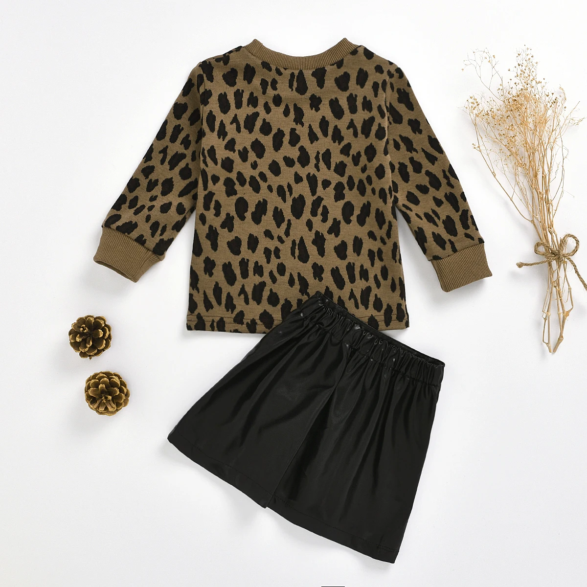 Baby Spring Autumn Clothing Toddler Baby Kid Girl Turtleneck Leopard Sweatshirt Top PU Skirt 2Pcs Fashion Outfits Sets 1-5T