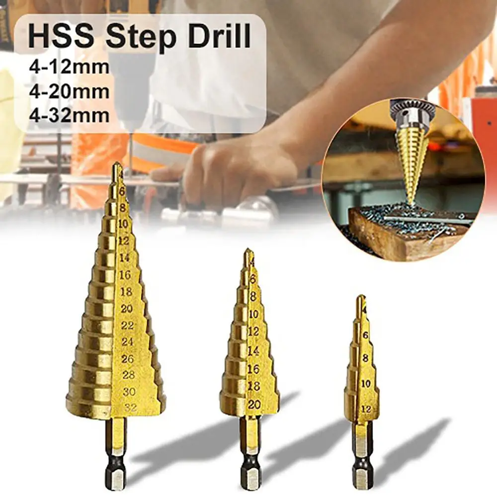

3 pcs Set Drill Bit HSS Step Cone Taper Hole Cutter Metric 4-32mm Titanium Coated Metal Hex drill сверло ступенчатое сверла