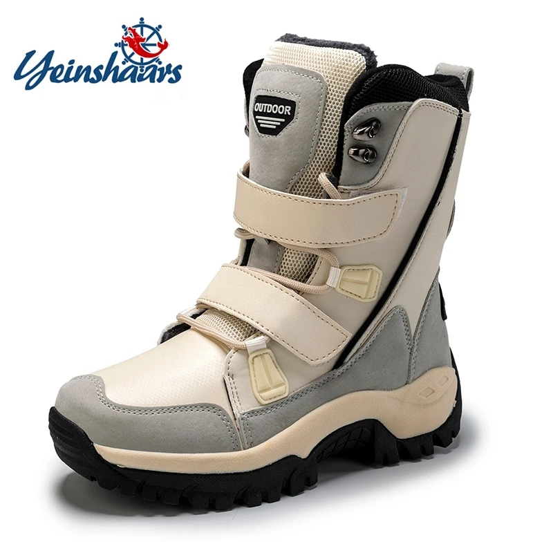 

YEINSHAARS Women Boots Warm Winter Plush Mid-Calf Waterproof Ladies Booties Black Plus Size PU Leather Boots Women Botas Mujer