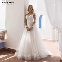 magic awn long sleeves beach wedding dresses lace appliques princess illusion bohemian wedding party dress robe de mariage