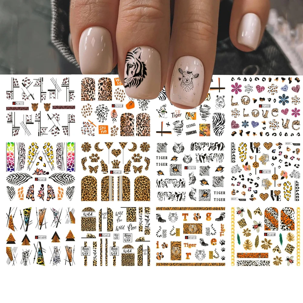 12 шт./лот Леопардовый тигр животные дизайн наклейка для ногтей декоративные