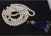 freshwater pearl near round white and blue lapis lazuli tassel 8-9mm necklace wholesale beads 45inch nature unique clasp