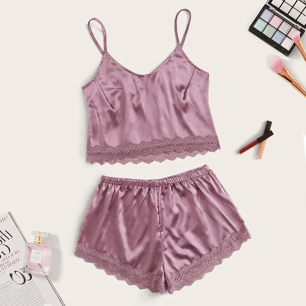 

Sexy Women Two Pieces Satin Pajamas Set Summer Striped Solid Color Camisole Tops +Shorts Sleepwear Casual Clothes