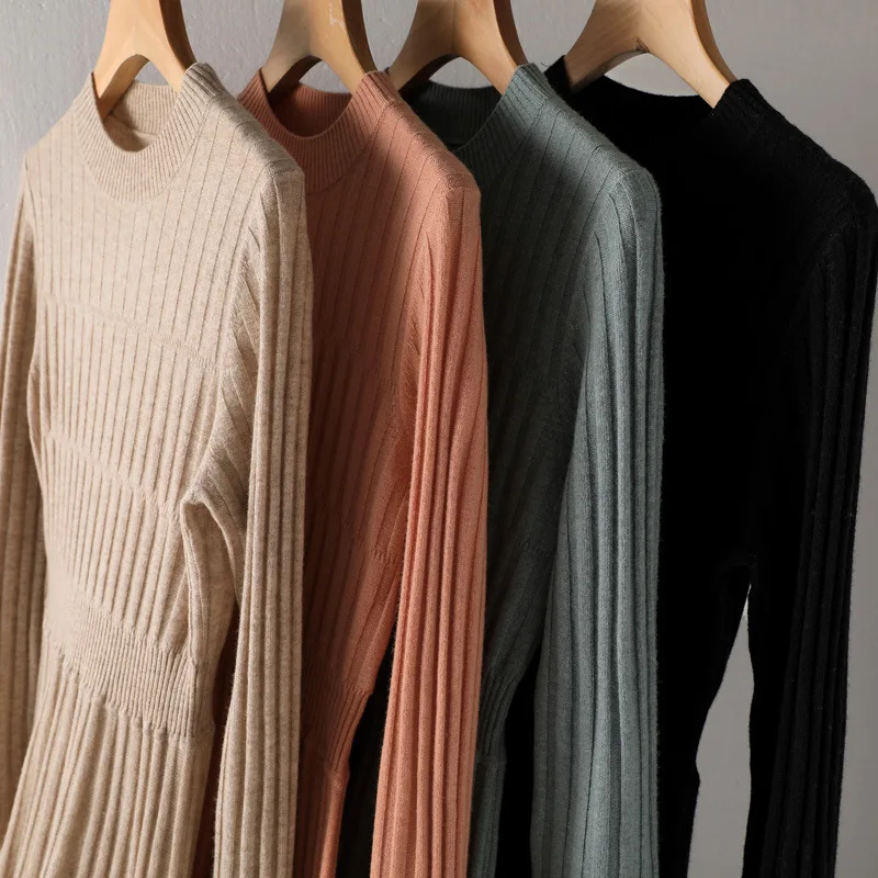 

MAISON GABRIELLE 2020 Fall Winter 100% Merino Wool Round Neck Ribbed-Knit Midi-Dress Classic Elegant Knitted Dress A-Line Skirt