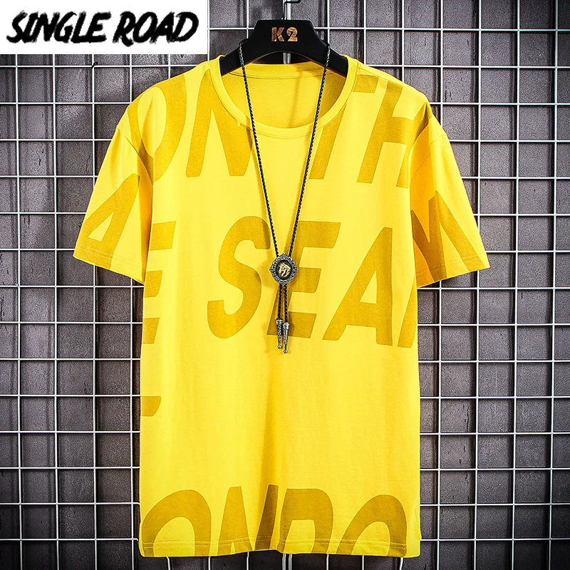 Мужская футболка с принтом SingleRoad желтая хлопковая Футболка большого размера в