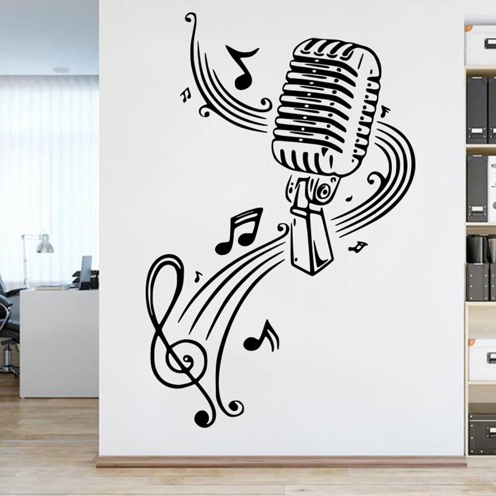 

Large Microphone Music Notes Wall Decal Playroom Office Rock Jazz Band Guitar Piano Micro Wall Sticker Classroom Vinyl Decor