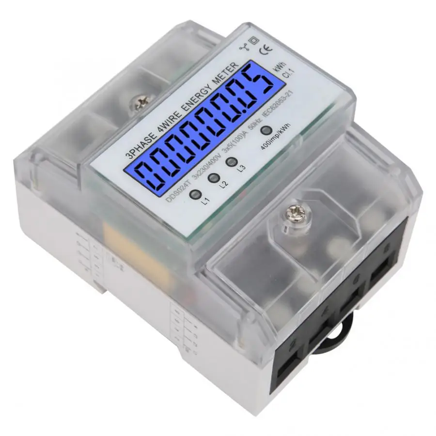 3 фазы 4P электронный счетчик энергии 380V lcd цифровой дисплей din рейка с прозрачной