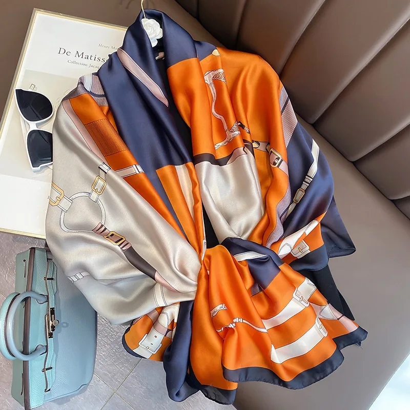 

2021 New Imitation Silk Printed Scarf Women Temperament Wild Sunshade Beach Towel Ethnic Wind Sunscreen Chain Scarf