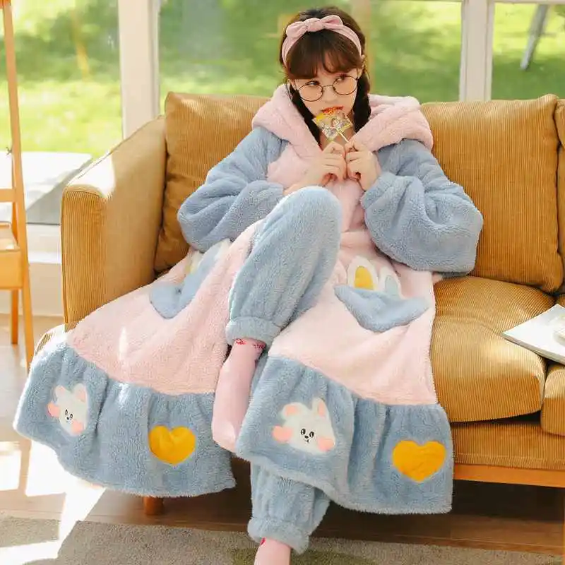 

Casual Sleepwear Flannel Pajamas Sets For Female Coral Fleece Pijamas Soft Lingerie Robe&Pants Homewear Winter Warm Nightwear