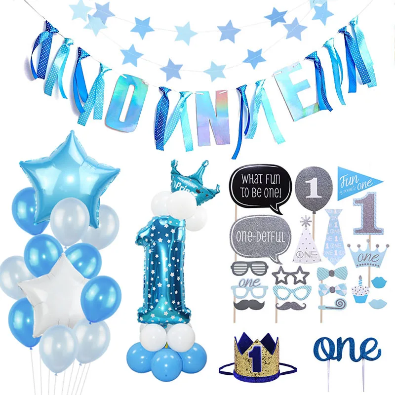 

1st Birthday Boy Girl Decorations Balloons Photo Frame Banner One Year Old Kids First Birthday Party Boy Baby Shower Decorations