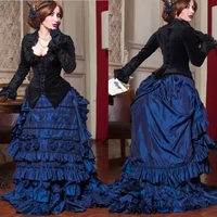 vintage gothic victorian bustle wedding dress 2022 black velvet and royal blue taffeta full sleeves long bride dress corset back