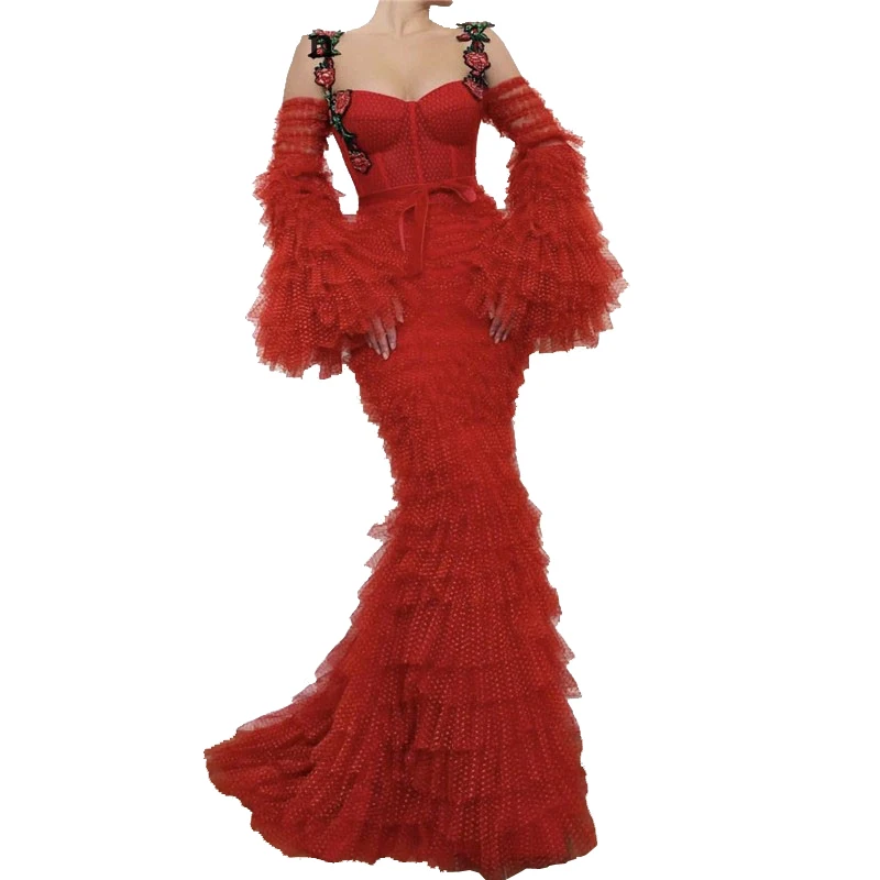 

Sexy Red See Thru Mermaid Long Prom Dresses With Tiered Full Sleeves Applique Formal Evening Dress Elegant Party Gown