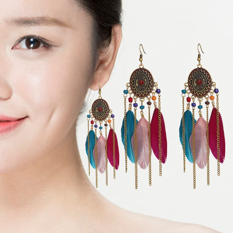 

Oval compass drop earrings long feather earrings chain tassel rice beads earrings