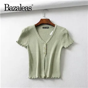 T31 green 1169 Bazaleas кнопки в стиле ретро Женская футболка harajuku футболка Прямая панк обрезанная футболка женская мода оранжевый вязаный укороченный топ - Цвет: T31 green 1169