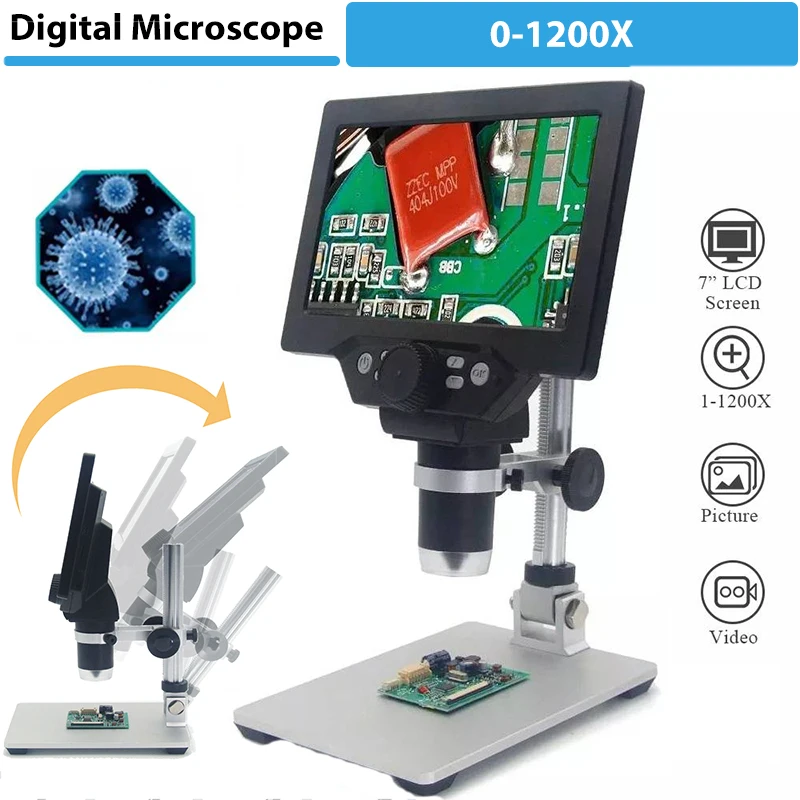 G1200 12MP 1-1200X/600X Digital Electronic Video Microscope 7/4.3 Inch Continuous Amplification Magnifier Microscope For Repair
