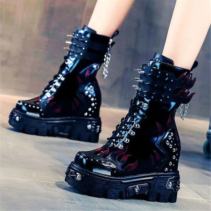 

Punk Creeper Boots Women Spike Studded Genuine Leather Platform Wedge Ankle Boots High Heel Round Toe Oxfords Party Pumps