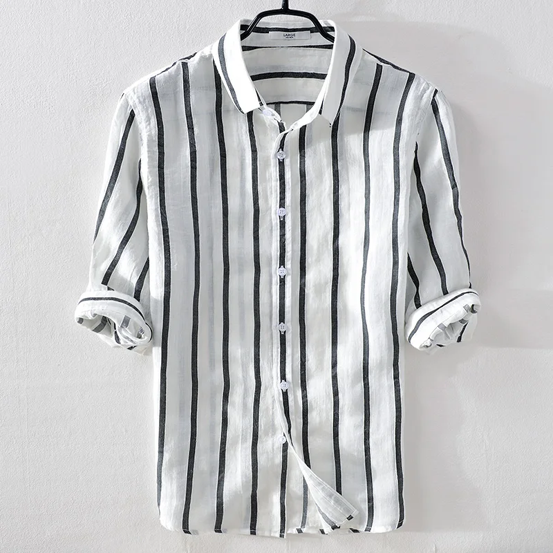 

Camisa de lino marca de Italia para hombre, ropa informal a rayas blancas, con cuello vuelto, comoda, de verano