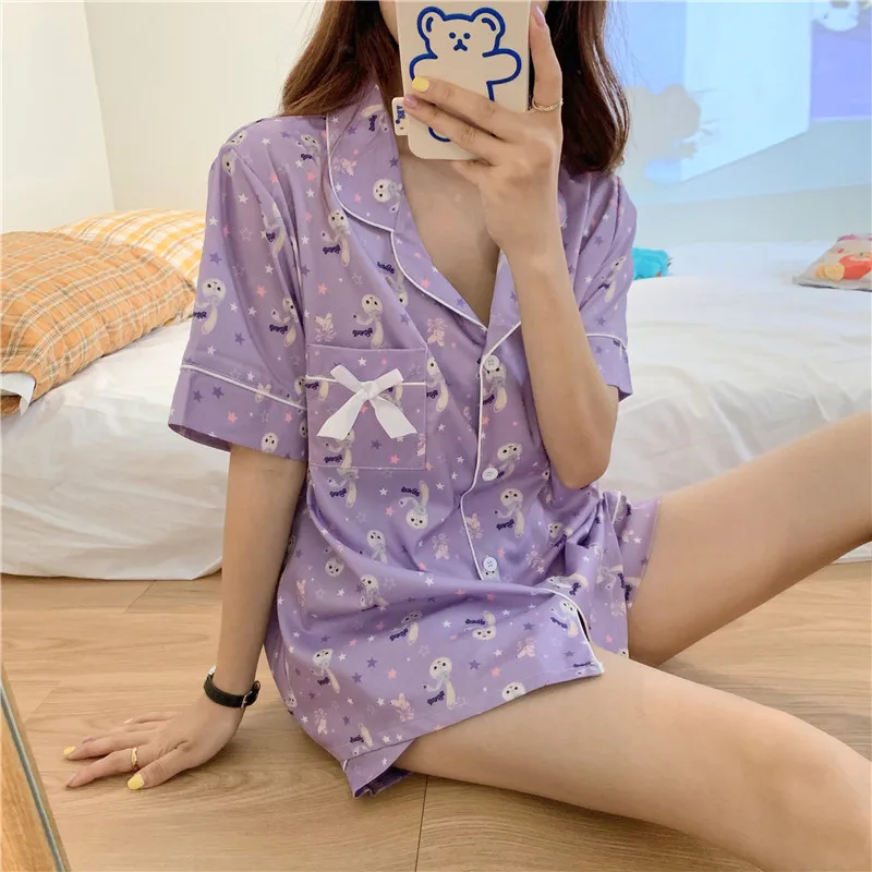 

Harajuku Summer Cartoon Students Sweet Chic Purple Sleepwear New 동대문 Girls Korean Homewear Women Thin Loose Pajamas Sets