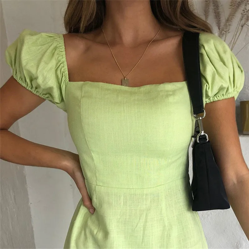 

Women Summer A-Line Dress Solid Square Collar Puff Sleeve Dress Above Knee Women Casual Wild Dresses 2019 New