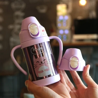 purple Мини 260 мл новые милые детские вещи вакуумная детская бутылка для воды двойная крышка 304 нержавеющая сталь соломы термосы с ручкой - Цвет: purple