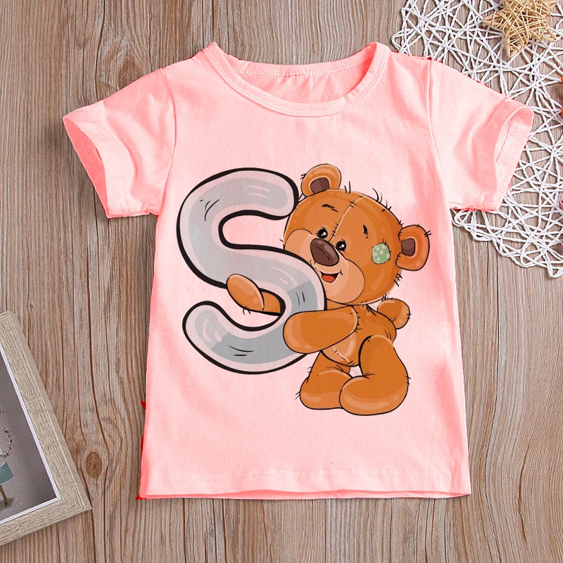 Pink Bear Summer Baby Boys Letter Tops Toddler Tees Clothes Children Clothing T-shirts Short Sleeve Birthday | Детская одежда и