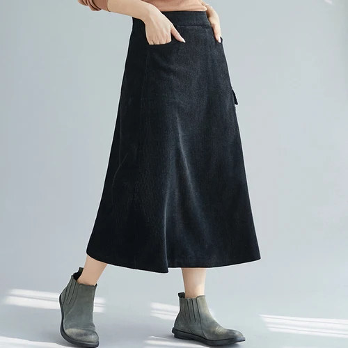 Женская Вельветовая юбка миди с высокой талией и карманами | одежда