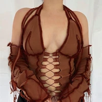 2020 backless halter ribbed tie front top women long sleeve cut out lace up t shirts patchwork sexy bodycon y2k crop top tee