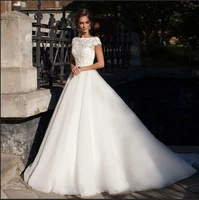 short sleeve scoop neck satin with lace appliques wedding dress ball gown scoop neck backless bridal gowns plus size