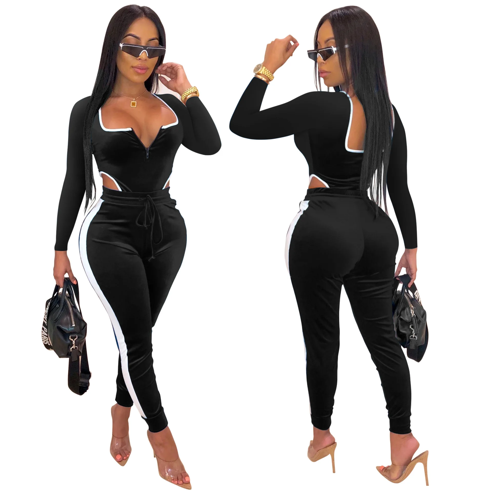 Женский бархатный комбинезон в полоску уличном стиле с длинным рукавом и