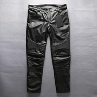 british style male smooth trousers with legitimate leather straight trousers with zipper leather pockets