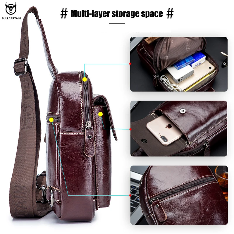 BULLCAPTAIN men's first layer cowhide chest bag leather casual messenger shoulder sports fashion personality men's chest bag