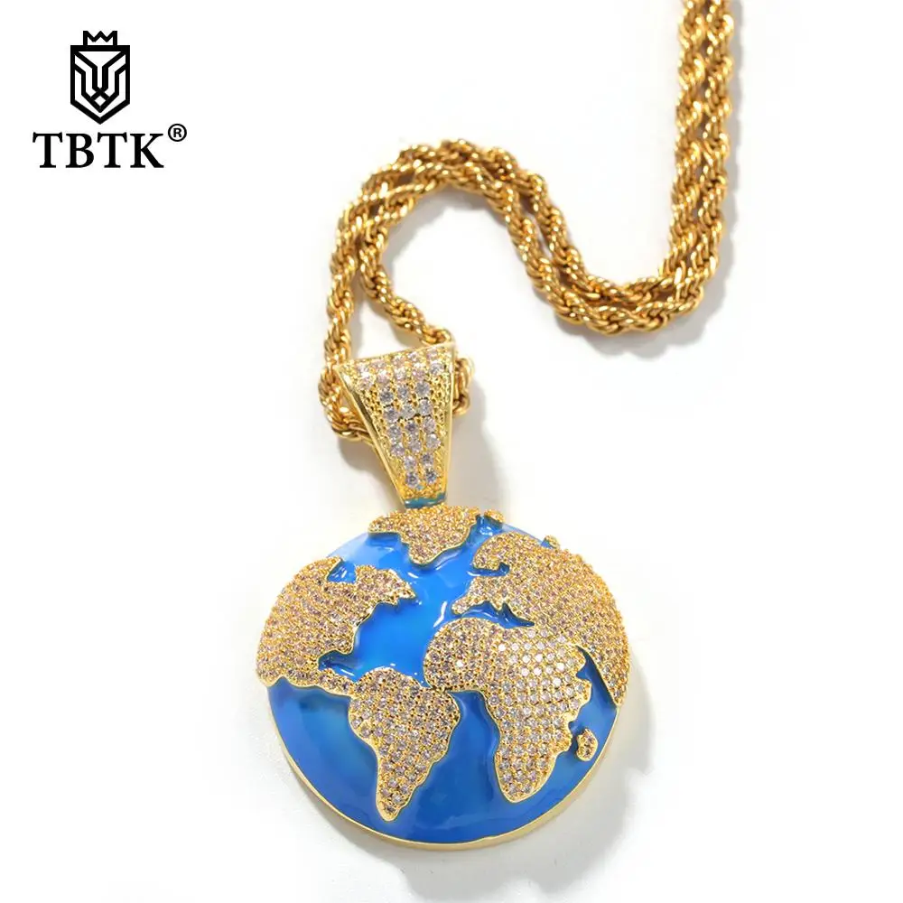 

TBTK Fashion Iced Out Cubic Zirconia Buddle Globe Pendant Gold Metal Necklace Men Women Creative Charms Jewelry