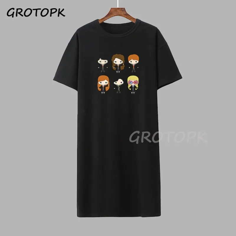 Женское винтажное платье футболка черное летнее в стиле Харадзюку с принтом
