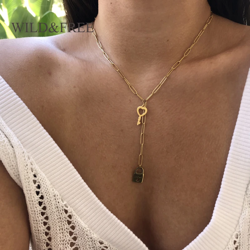 Женское Ожерелье из нержавеющей стали с замком и ключом массивное Золотистое