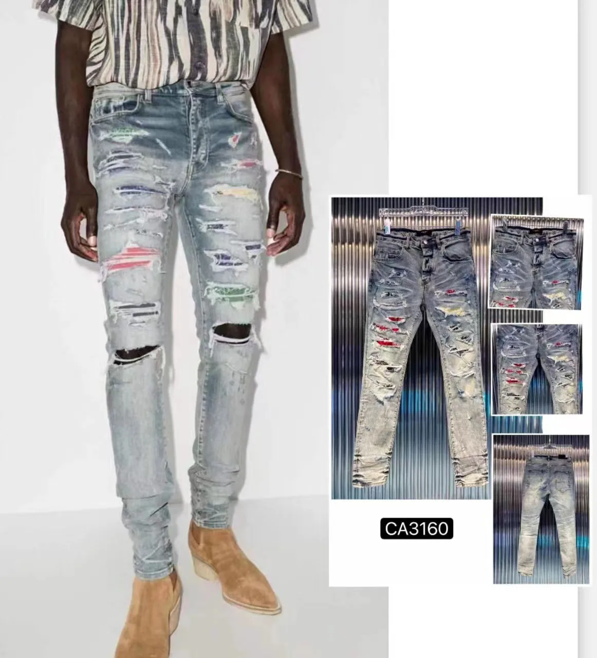 New AM Men's Jeans Male Ripped Patch Star Patch Washed Wrinkled European and American Trend Casual Slim Jeans for Men And Women
