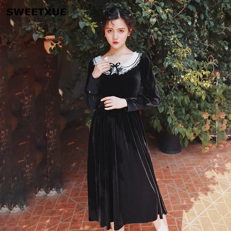 SWEETXUE женские бархатное платье с кружевным воротником Изящные велюровые вечерние