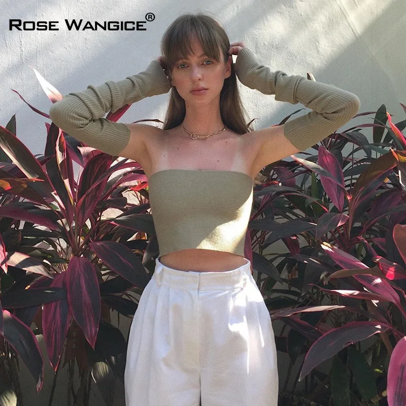 

Rose Wangice Off Shoulder Green Knit Crop Tops for Women Tube Top With Sleeve Backless Tanks Cropped Feminino Top Streetwear