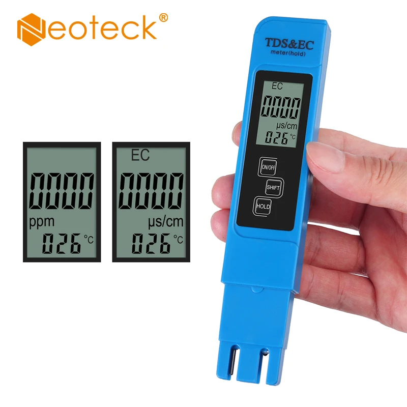 Neoteck Digital Water Quality Tester Shift between TDS and Conductivity 0-9990ppm TDS 0-9990us/cm EC Blue Water Quality Tester