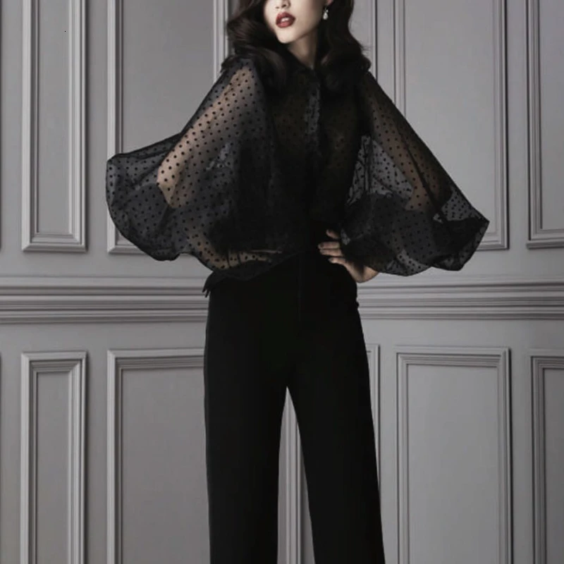 Женская рубашка в горошек GALCAUR винтажная блузка с отложным воротником и