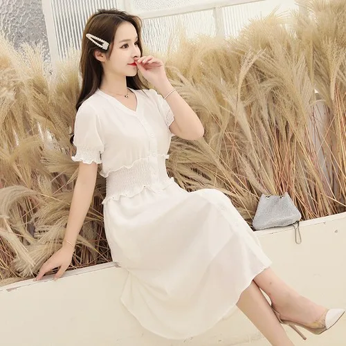 

Summer Fashion Elegant Short Sleeve Dress Women V-neck Single Breasted Clothes Female Vintage Beach Fairy Dresses Ladies