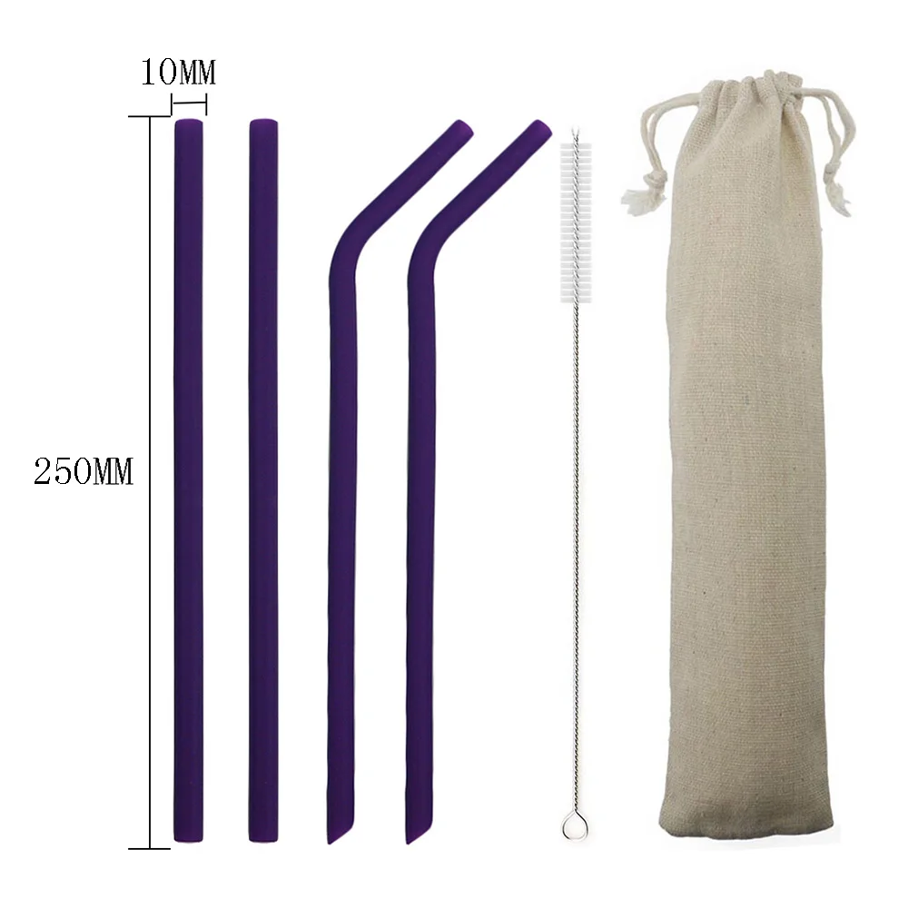 plum 250mm 6 шт./компл. красочное питье силиконовая трубочка набор 23 см 25 см пищевой соломинки для путешествий многоразовая солома с кистью сумка для хранения - Цвет: plum 250mm
