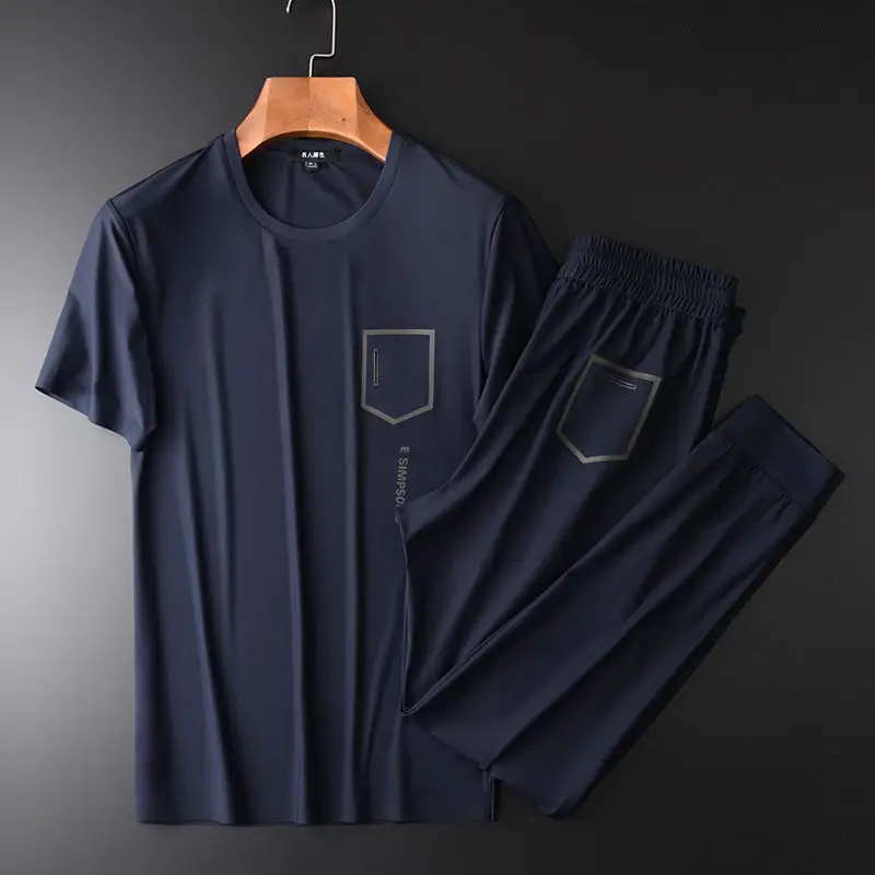 

Summer silky delicate breathable fabric fashion pressure rubber short sleeve suit men's slim leisure sports two piece suit men's