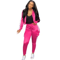 collar zipper coats solid patchwork two piece sets hot selling women casual turn down high waist sport pants tracksuits outfits