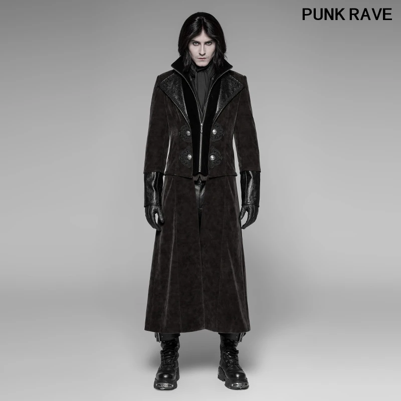 Мужское пальто в стиле панк зимнее длинное из искусственной кожи со съемной