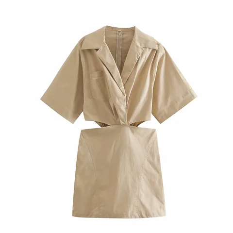BBWM Za Cut Out Short Dresses Summer Woman 2021 Casual Slim Pocket Short Sleeve Mini Dress Woman Chic Back Zip Ladies Dresses
