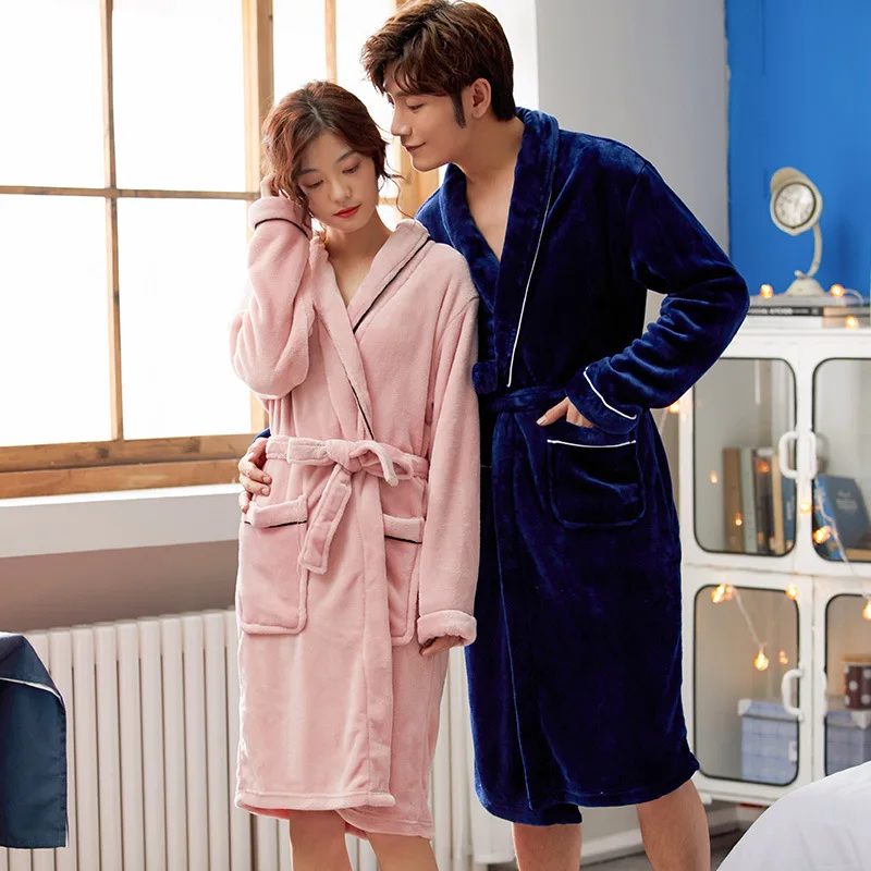 Autumn and Winter Thickened Coral Velvet Couple's Nightgown Bathrobe Home Wear Flannel European and American Solid Color Simple
