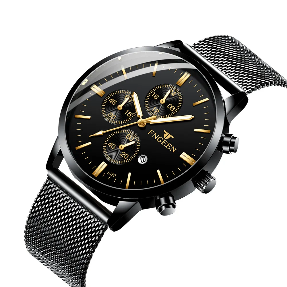 Часы FNGEEN мужские с календарем водонепроницаемые сетчатым ремешком 2020|Кварцевые